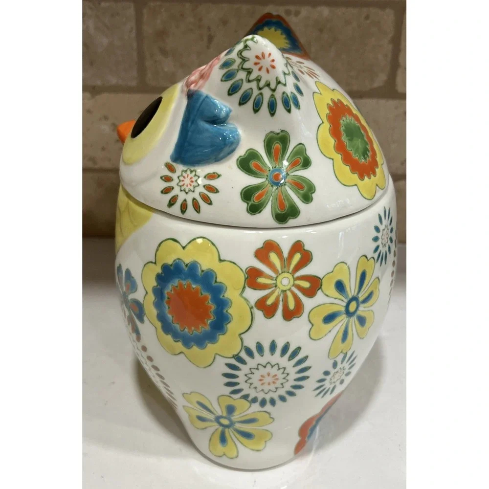 Pier 1 Imports Owl Cookie Stoneware Jar & Lid Yellow, Blue Orange Floral RETIRED